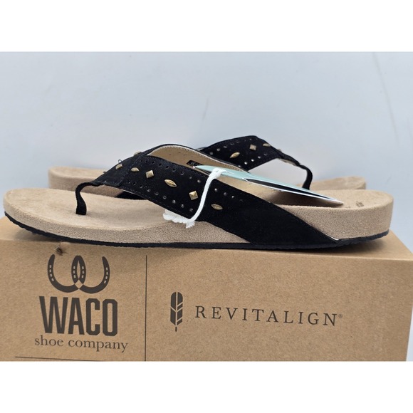 REVITALIGN Women's‎ Kena Studded Flip-Flop Black Suede Women's Sz 9B NWOB Comfy - Picture 11 of 13